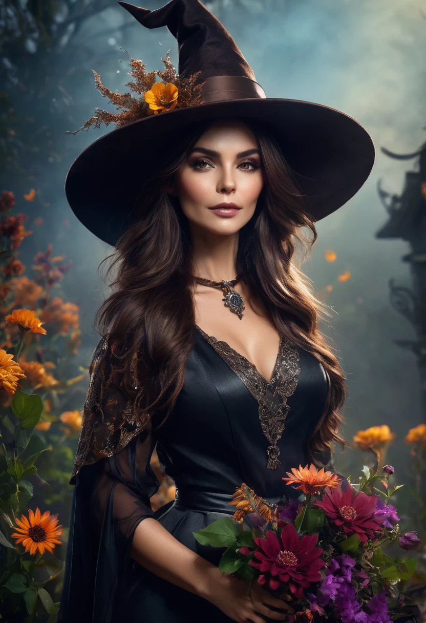 a beautiful woman brown hair WITCH WITH A hat and amazing flowers the Style-RustMagic, Aum, (atmosfera escura:1.2), (Mist & smoke), (noite escura:1.3), Cicatrizes, (shaggy medium length dark hair:1.1), (sombra:1.1), (brilho lindamente detalhado:1.2), (cinematic lighting), detalhe intrincado, high resolution,