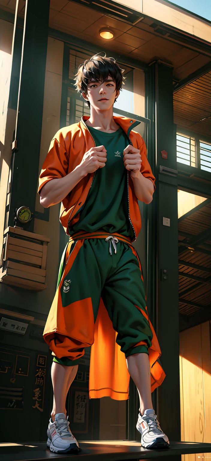 25-year-old man, fit man wearing green shirt with orange details, cheerful man, half-tall man, man wearing gym trousers and handsome man, man wearing comfortable grey and black shoes, Actor "Gong Jun", "Song Weilong", gorgeous