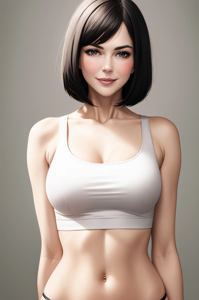 Amazing cowboy shot of a sexy woman wearing her black bob cut hair, seductively gazing and smiling, soft lips, blushing intensely, white tank top, panties , medium chest, perfect body, simple background, Nicole Kidman