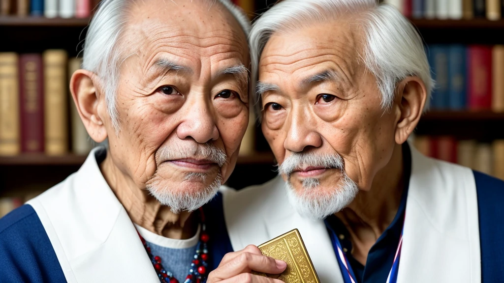 Super Resolution, Ultra-photorealism, Cinematography, Vignette, Portrait of an 80 year old Asian man,View your viewers,Senior Asian Man,Book in hand,Spiritual Elderly,single image,Thin and thin, Old blue eyes, Short white hair, Bookshelf Background,White Viking Beard, Thin face,Dark Skin, Broad shoulders, weathered by sunlight and water, Gold Pattern Royal Twin Peaks, The Royal Chambers' camera focuses on the eyes, High focal length, Bust photo,Vision,Digital SLR, Dark studio, Rim Light, Two-tone lighting, It's dim, Low Tone, Backlight,