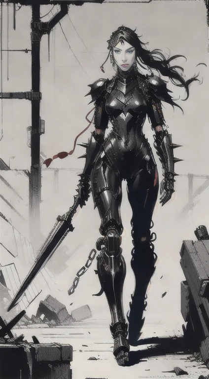 1woman, perfect proportions, anatomically correct, (head to toe: 2.0), (full body image: 2.0), solo, extremely stylized, deviant art, masterpiece, highly detailed, detailed eyes, expressive detailed eyes, detailed pupils, futuristic, ((wearing an armored helmet)), ((holding a spiked flail)), (cybernetic arms:1.4), big boots, entire body image, full body shot, nvinkpunk, professional photograph of alexander_skarsgard, tassles, large beads, (large tassels), cyberpunk, inkpunk, paint platter, ink splatter, (action pose:1.0), ((chainmail shirt)), old warrior, long beard, ((armor shoulders))