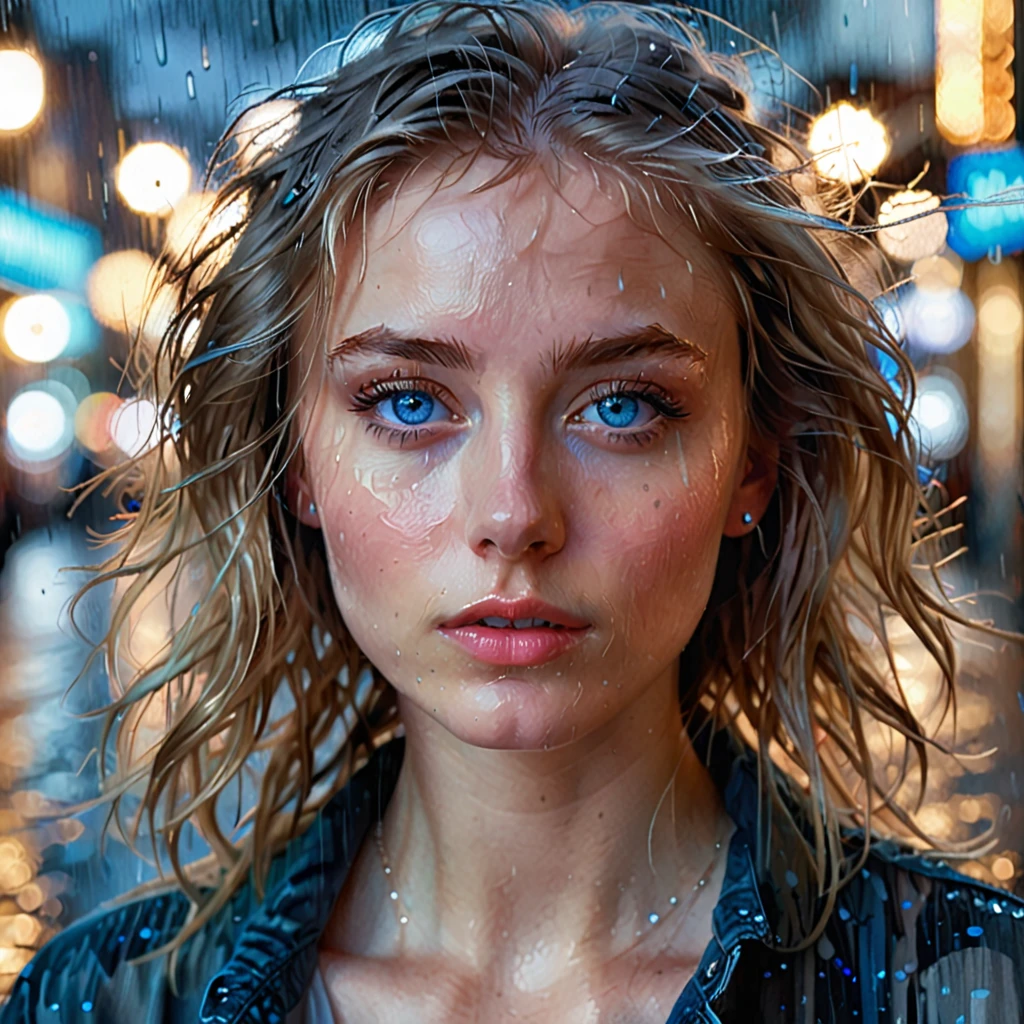 Hyper-realistic portrait of a young woman with piercing blue eyes and soft, slightly parted lips. Her hair is tousled, giving a sense of movement, and the background is a dreamy, abstract blend of lights and shadows, resembling a rainy night in the city. The image uses a painterly style with detailed brushstrokes and a soft focus on the face, enhancing the ethereal and mysterious atmosphere.