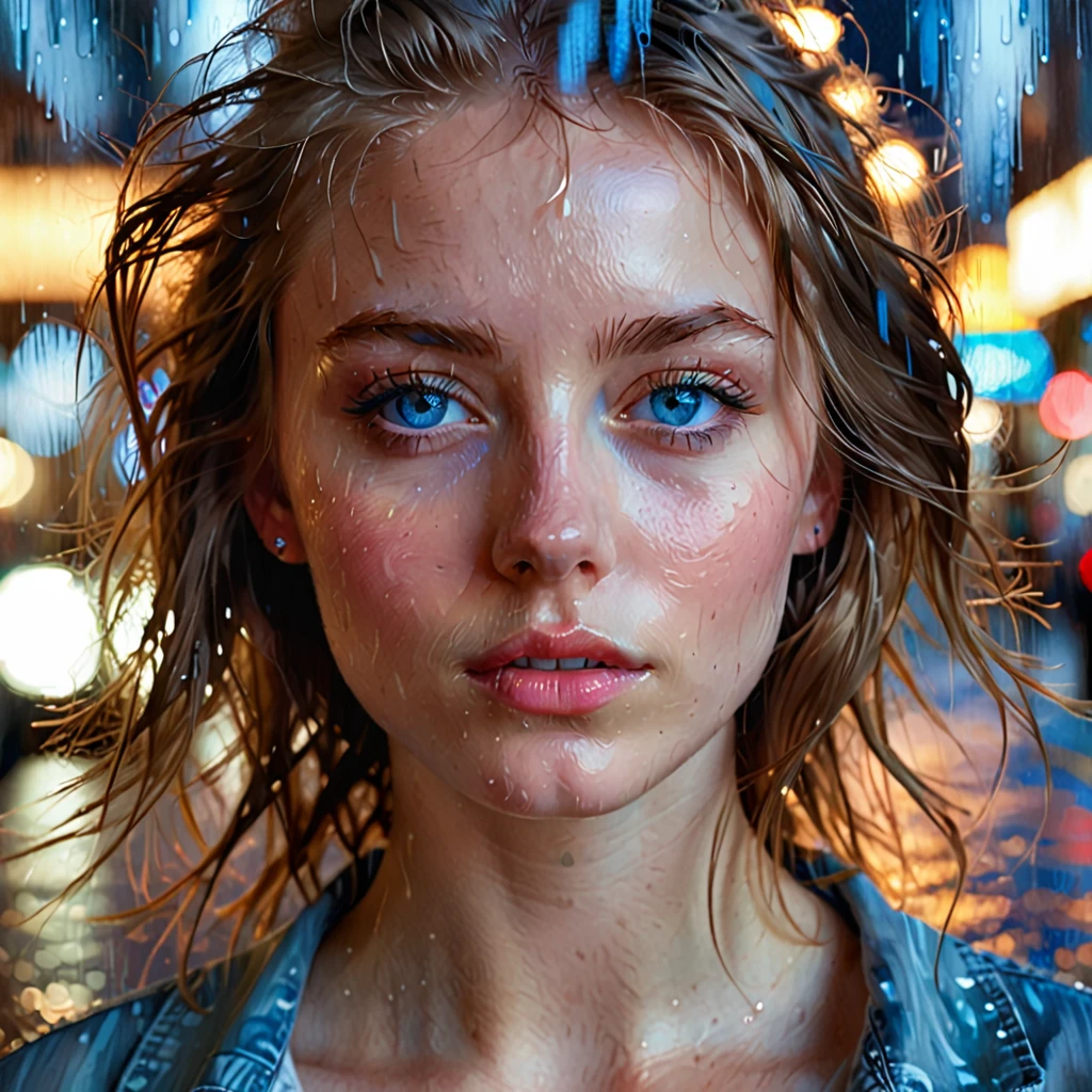 Hyper-realistic portrait of a young woman with piercing blue eyes and soft, slightly parted lips. Her hair is tousled, giving a sense of movement, and the background is a dreamy, abstract blend of lights and shadows, resembling a rainy night in the city. The image uses a painterly style with detailed brushstrokes and a soft focus on the face, enhancing the ethereal and mysterious atmosphere.
