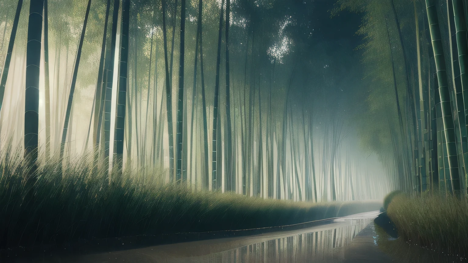 Bamboo forest in the rain, Road made of wooden planks, Water on the ground, reflection. style, masterpiece, ratio, detailed, Art Station Trends, Beautiful lighting, Realistic, Complex, Award-winning, 4K, highest quality Award-winning, 4K digital painting in the style of Yoshitaka Amano. A detailed and Complex depiction of the zombie apocalypse, Skillfully capture the chaos and drama of the scene. Beautiful lighting and cinematic composition make this a true masterpiece., Popular on ArtStation
