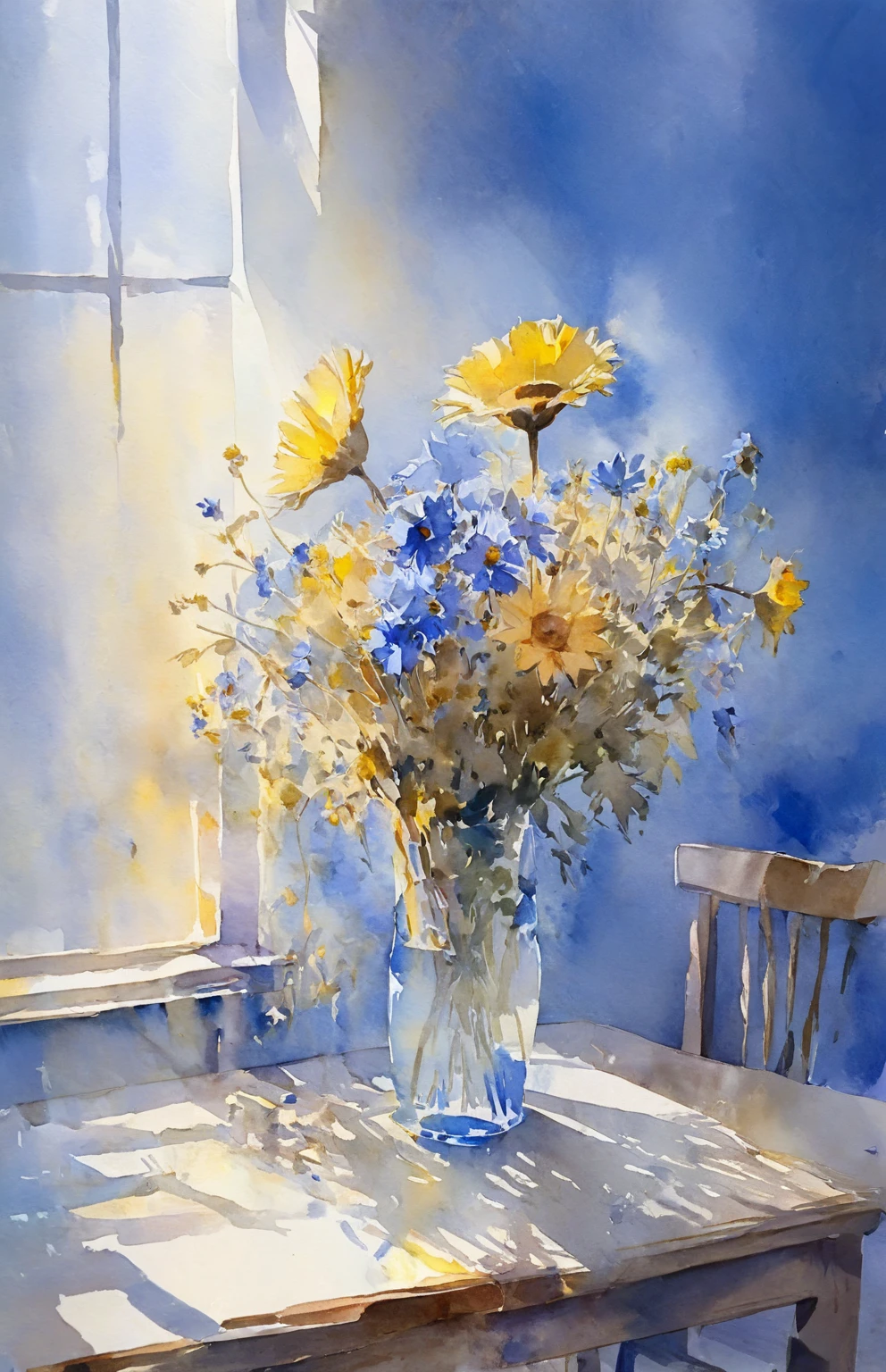 A withered bouquet of flowers on a table far from the room,Watercolor,Light is shining through the window,Withered blue flower,Withered yellow flower,Sad mood,The whole room is visible,