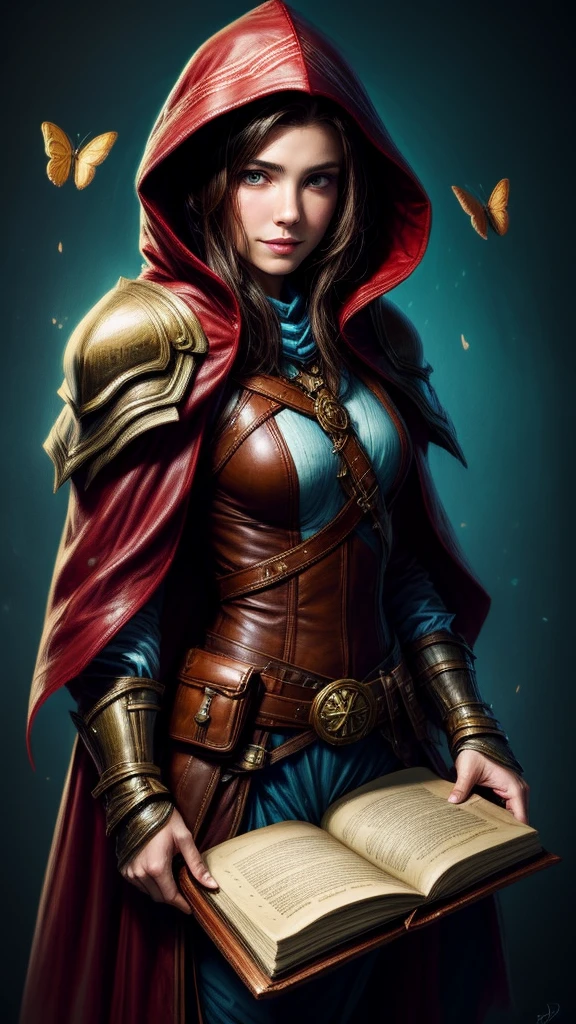 Speed painting of portrait of a fantasy female brunette human adventurer, with a blue hood, in leather armour, in a temple, D&D character, holding a very large leather bound magical book with butterfly on the book cover, slight smile on face.