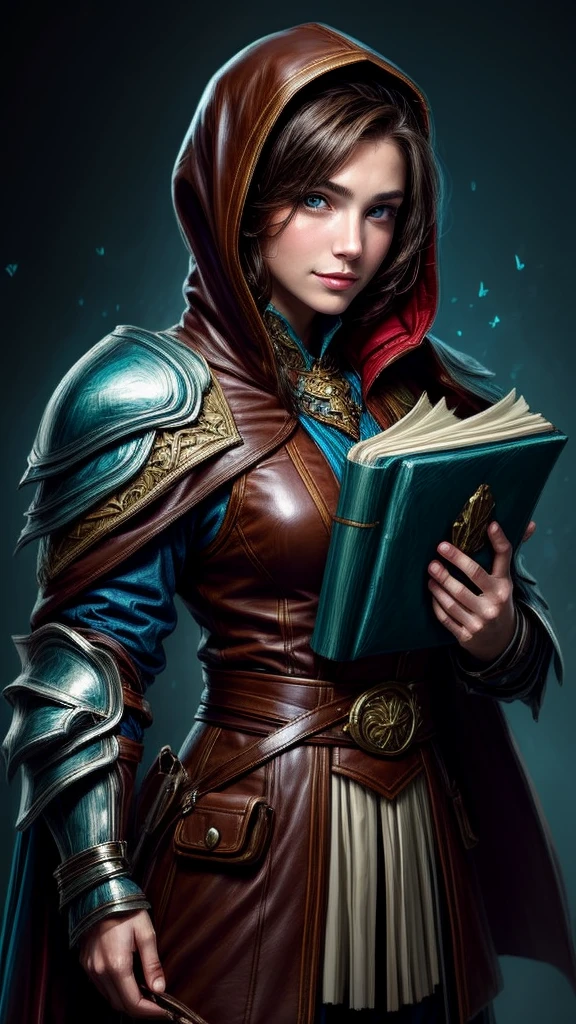 Speed painting of portrait of a fantasy female brunette human adventurer, with a blue hood, in leather armour, in a temple, D&D character, holding a very large leather bound magical book with butterfly on the book cover, slight smile on face.