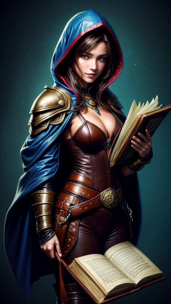 Speed painting of portrait of a fantasy female brunette human adventurer, with a blue hood, in leather armour, in a temple, D&D character, holding a very large leather bound magical book with butterfly on the book cover, slight smile on face.