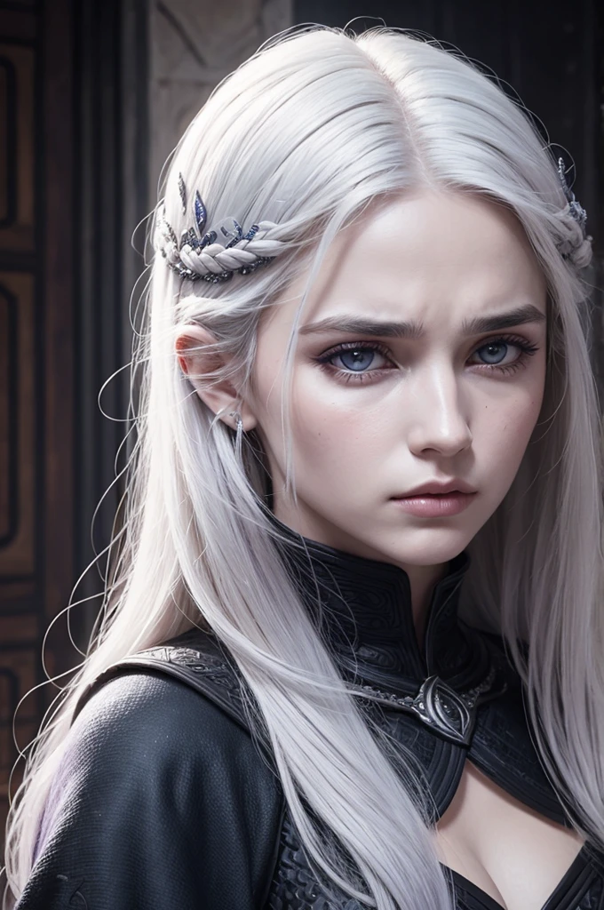 Rhaena targaryen, cabelos brancos ondulados, olhos violetas, irritated and haggard facial expression