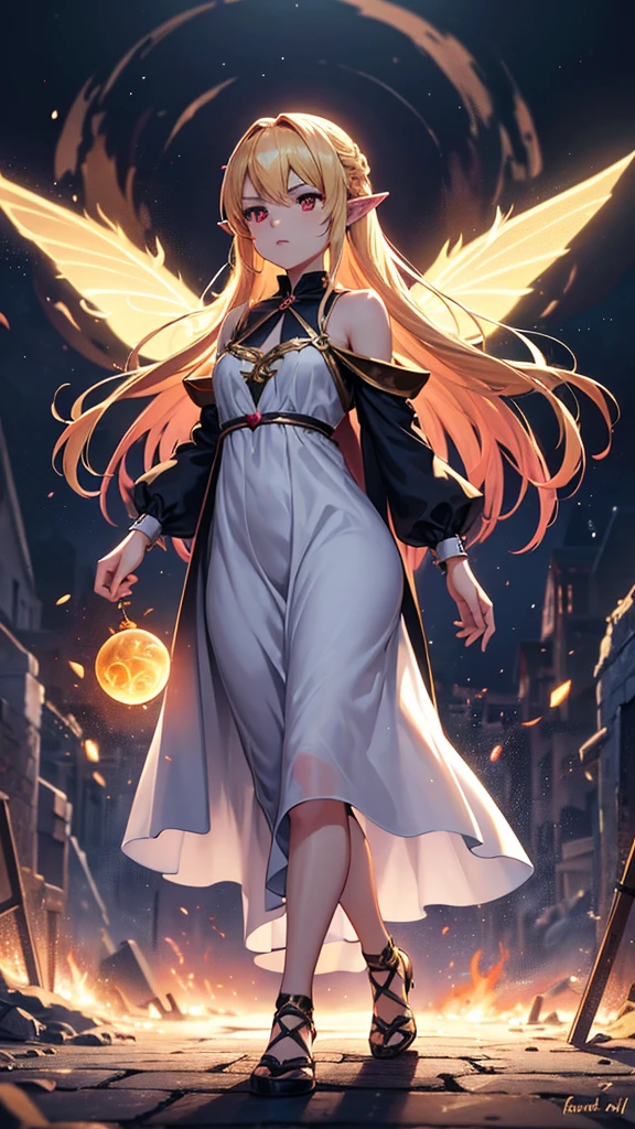 Fairy girl with wings and a magical orb in hand, Classic Long Dress, Fairy Wings, Red eyes and Blonde Hair, Golden Hair, Serious face, detailed hands, Magic, arcane powers, RPG Character, pointy ears, look serious, casting a spell, casting a fire spell, walking in wild, walking through , people around, city, fire, 4k, full hd, detailed image, high quality image