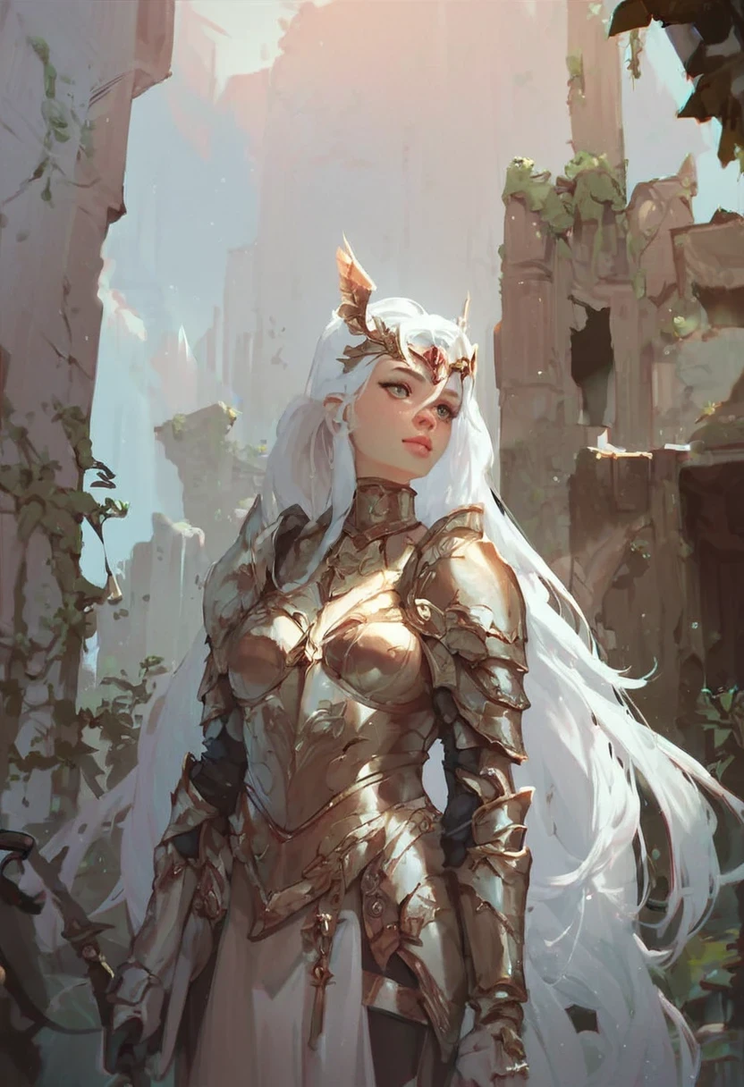 score_9, score_8_up, score_7_up, score9, score8, score7, score6,1girl, long hair, solo, gloves, portrait, cowboy shot, standing,light armor, white hair, very long hair,circlet,ruins