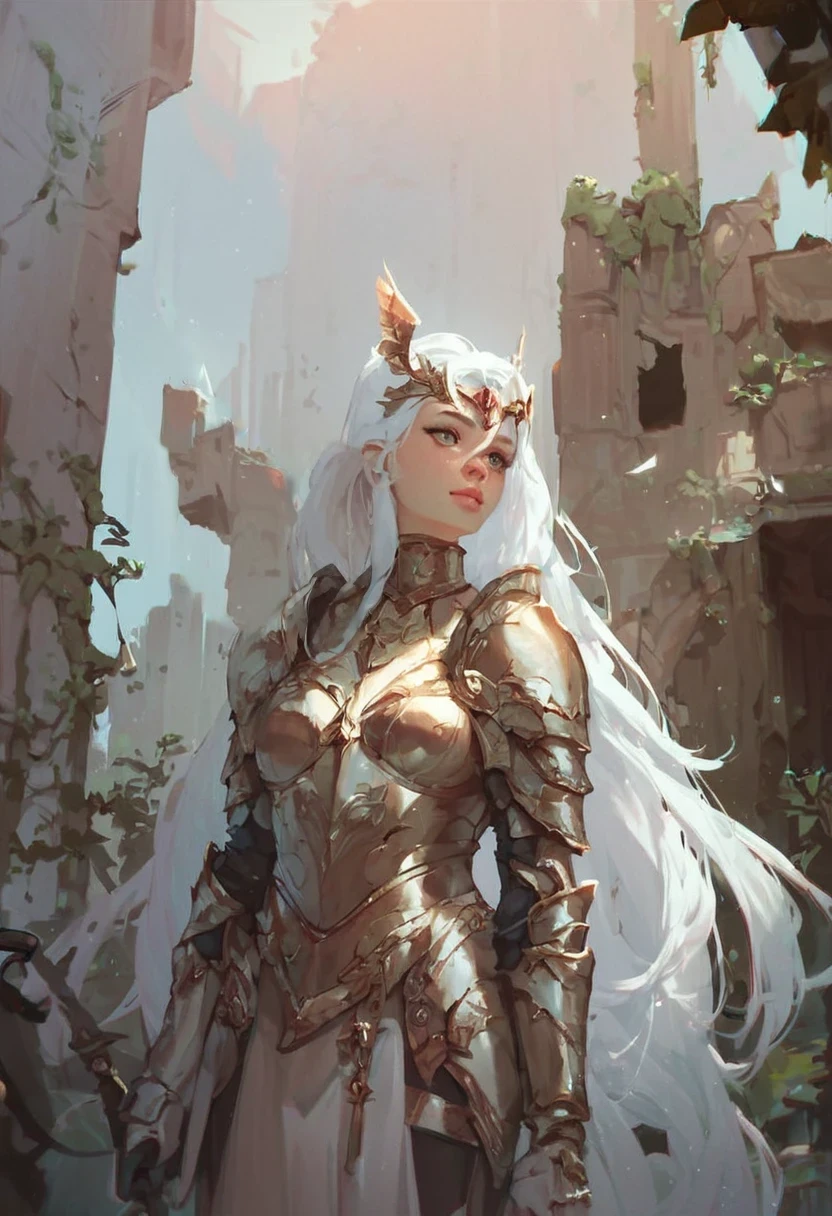 score_9, score_8_up, score_7_up, score9, score8, score7, score6,1girl, long hair, solo, gloves, portrait, cowboy shot, standing,light armor, white hair, very long hair,circlet,ruins