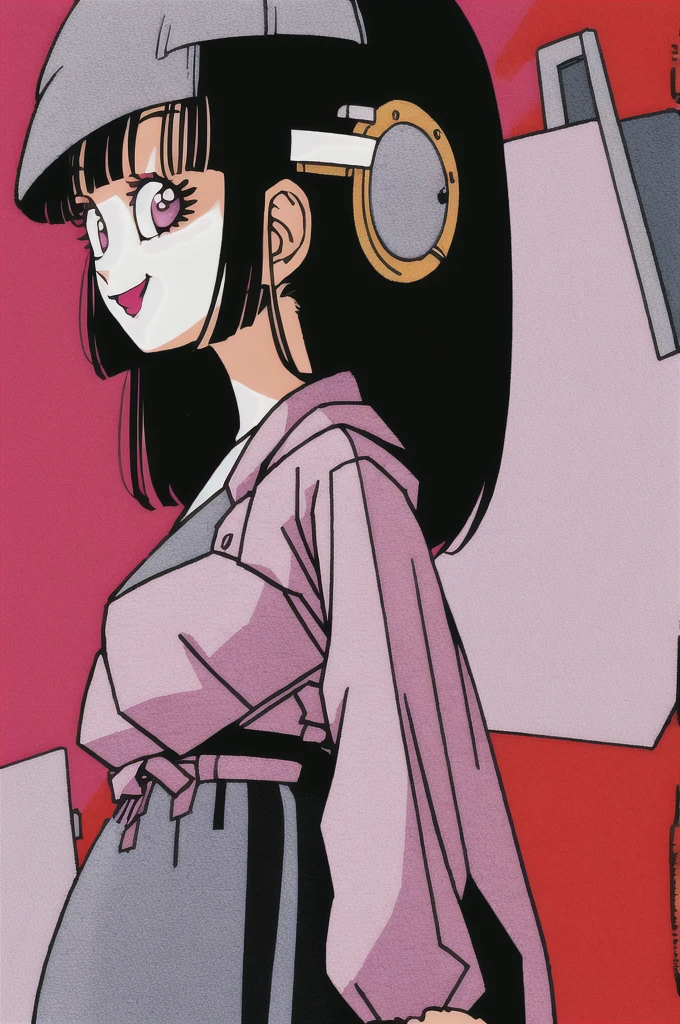 akira toriyama style,1girl, mature lady, ((solo:1.4)), modern clothes, long black hair, pink eyes, anime coloring, innocent smile, ((masterpiece))