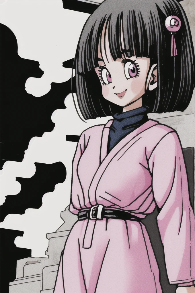 akira toriyama style,1girl, mature lady, ((solo:1.4)), modern clothes, long black hair, pink eyes, anime coloring, innocent smile, ((masterpiece)) 
