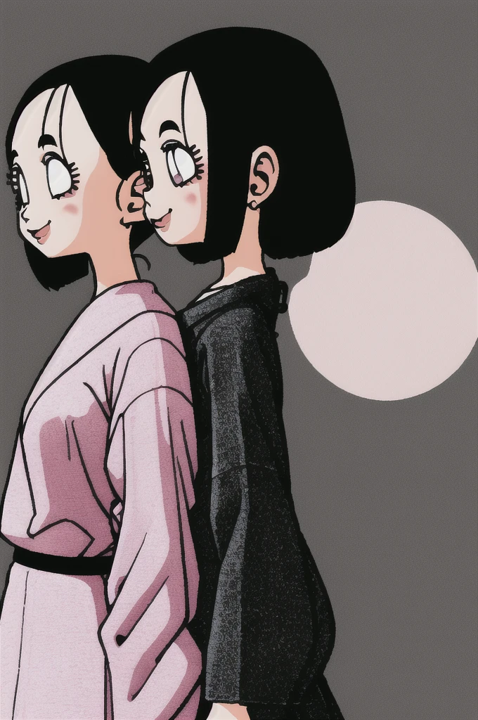 akira toriyama style,1girl, mature lady, ((solo:1.4)), modern clothes, long black hair, pink eyes, anime coloring, innocent smile, ((masterpiece))