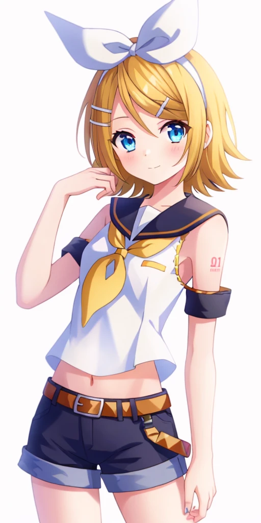 one girl, Kagamine Rin, blue eyes, short hair, beauty, beautiful skin, happily, my girlfriend, naive, slender, sailor collar, short pants, black sleeve, standing, cowboy shot, belt