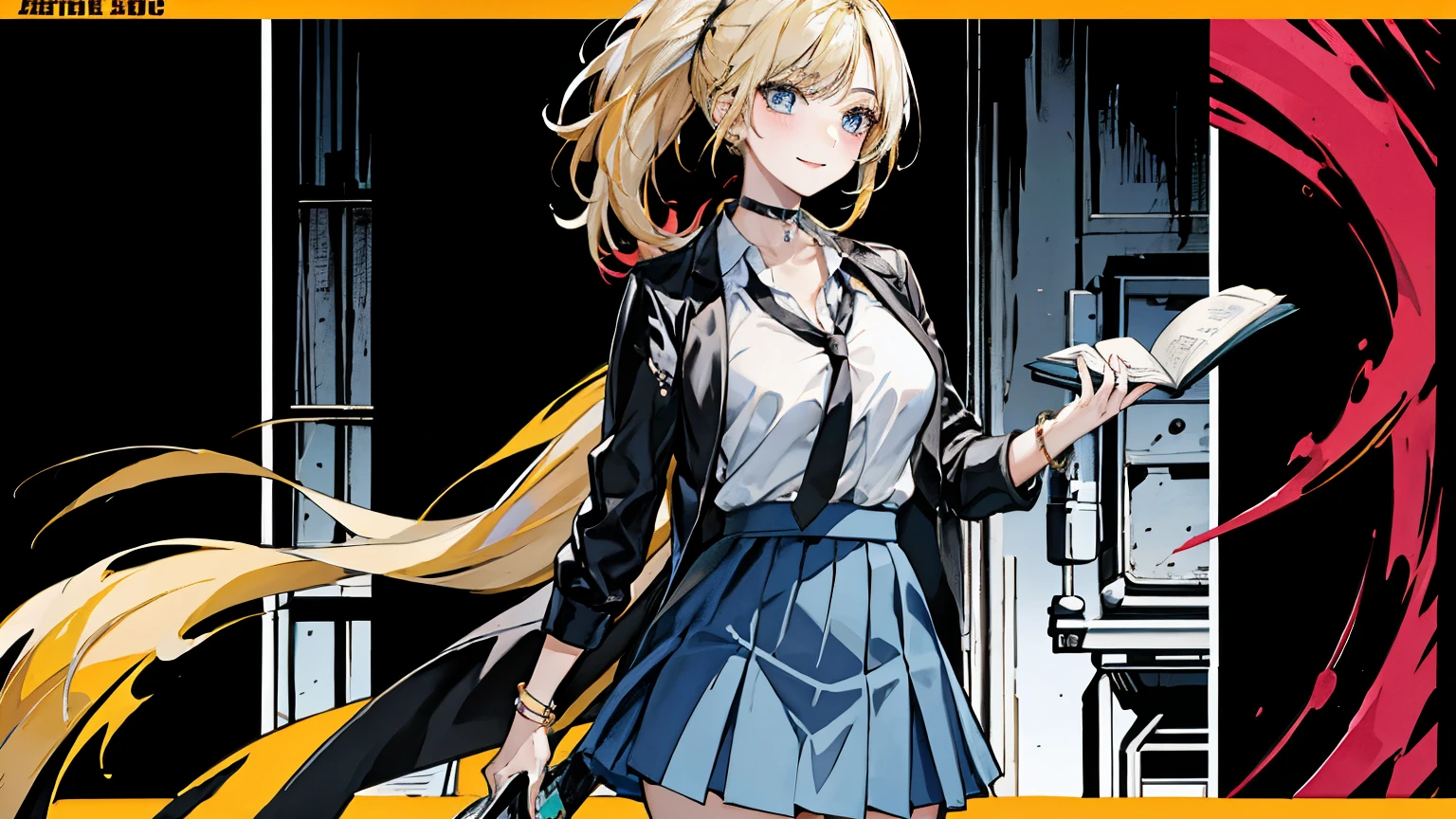 masterpiece, highest quality, whole body, One girl, bangs, black choker, black tie, Blonde Hair, blue skirt, blush, bracelet, chest, choker, clothes The surrounding area waist, clavicle, Collared shirt, Eyebrows visible through hair, Gradient Hair,tie, mini skirt, smile, alone, White shirt, street, null, fashionable, woman, Vibrant, Costume, Pause, front, colorful, dynamic, background, element, have confidence, Performance, Holding, statement, accessories, Majestic, Coiled, The surrounding area, touch, scene, article, cover, bold, to attract attention, title, stylish, font, Catchy, Heading, big, impressive, Modern, trend, concentrated, fashion,Owns a book,One Woman