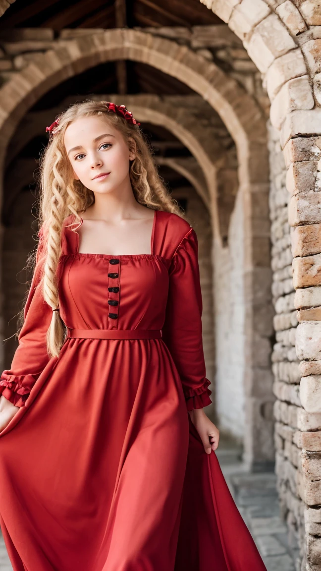 RAW Photos, 16-year-old girl, Image of waist length in the center of the composition, cute, Embarrassing, Long blonde curly braided hair, ((A medieval red dress with long, wide sleeves)), (In a medieval castle), Blurred Background, 8K Ultra HD, Dim lighting, high quality, Film Grain, Fujifilm XT3