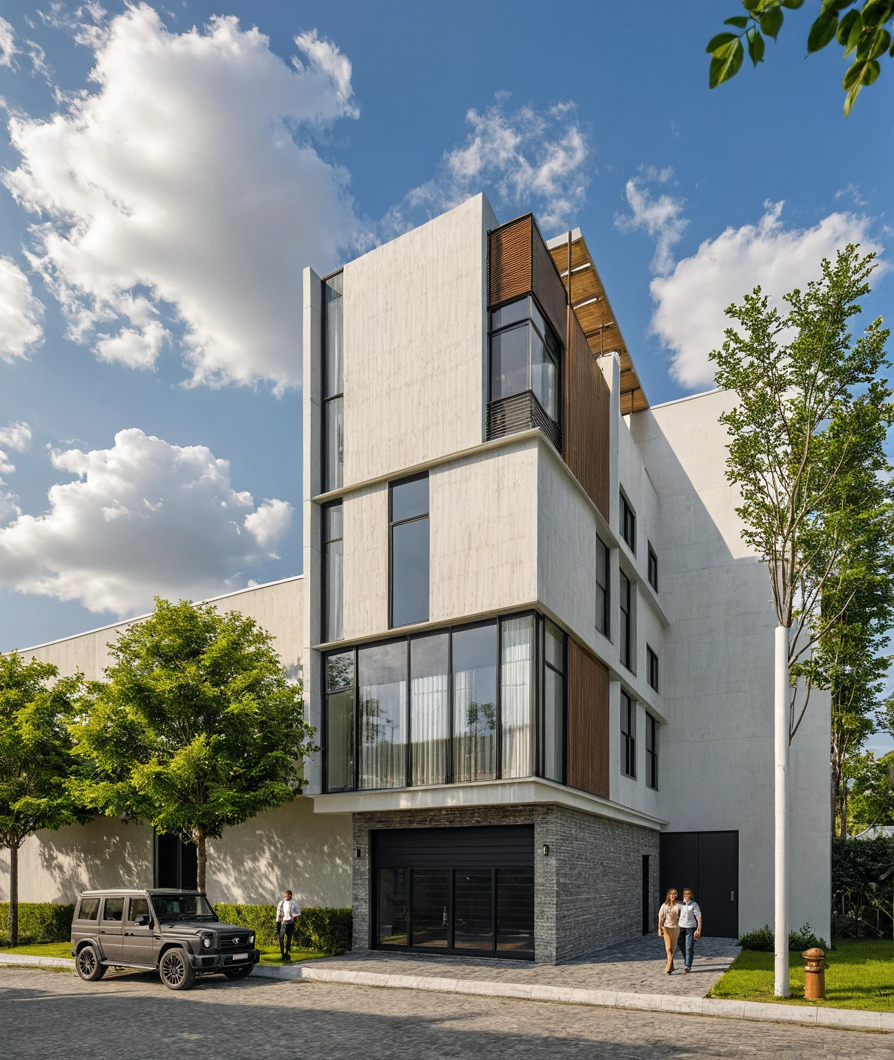 Masterpiece, high quality, best quality, authentic, super detail, outdoors, onestoreyvillaXL, aiaigroup, house style modern on the street ,stairs, white wall ,road,pavement, grass, trees, sky, cloud, (daylight:1.1)
