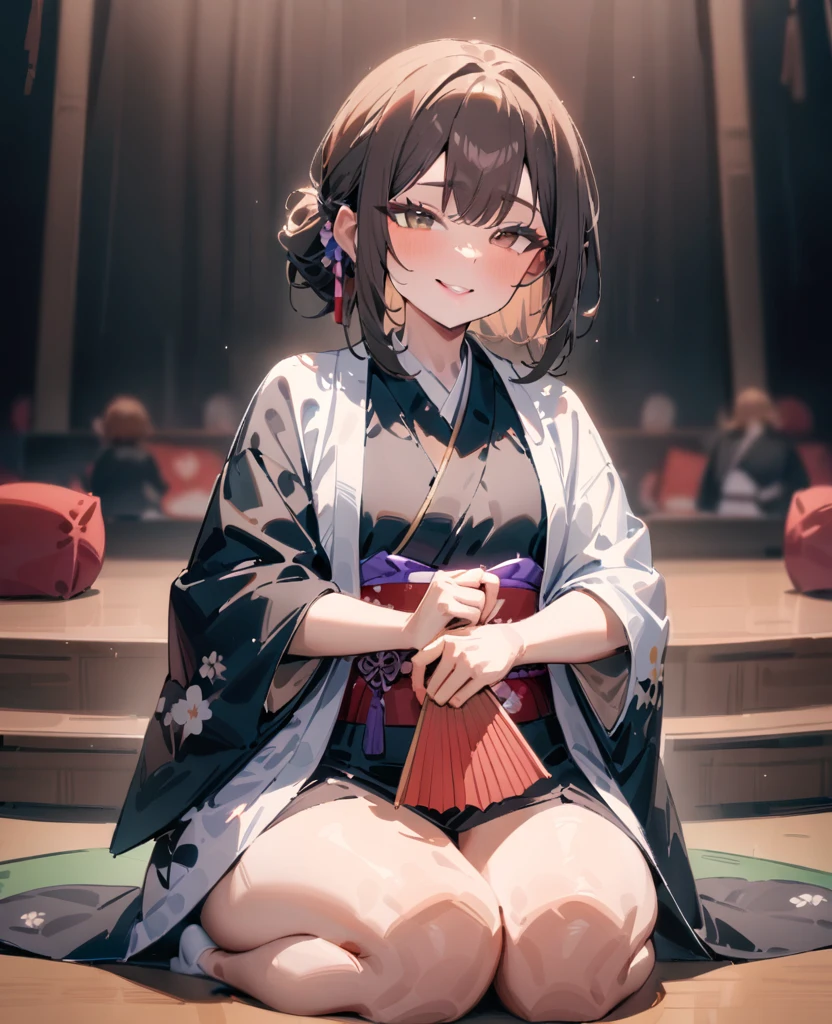 (extremely detailed fine touch:1.3), (((semi-rimless round eyewear:1.3))), (headphone:1.2), short hair, blunt bangs, 1girl, solo, bare arms, drunk,indian style, drooling, glow eyes, holding one hand One sho Japanese sake bottle, sitting on a cushion, Japanese tatami room, Japanese flag