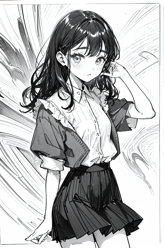One Girl,Line art,Monochrome,sketch,鉛Pen画,Pen,Traditional Media,One Girl, skirt,,skirt, alone、Cute Teenage Girl, ,Beautiful portrait、Delicate body、Esbian all over、Black Hair、Black Hair,landscape