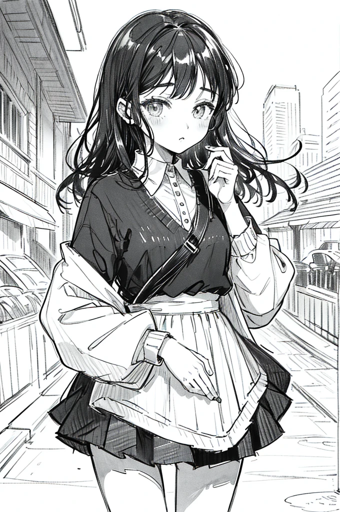 One Girl,Line art,Monochrome,sketch,鉛Pen画,Pen,Traditional Media,One Girl, skirt,,skirt, alone、Cute Teenage Girl, ,Beautiful portrait、Delicate body、Esbian all over、Black Hair、Black Hair,landscape