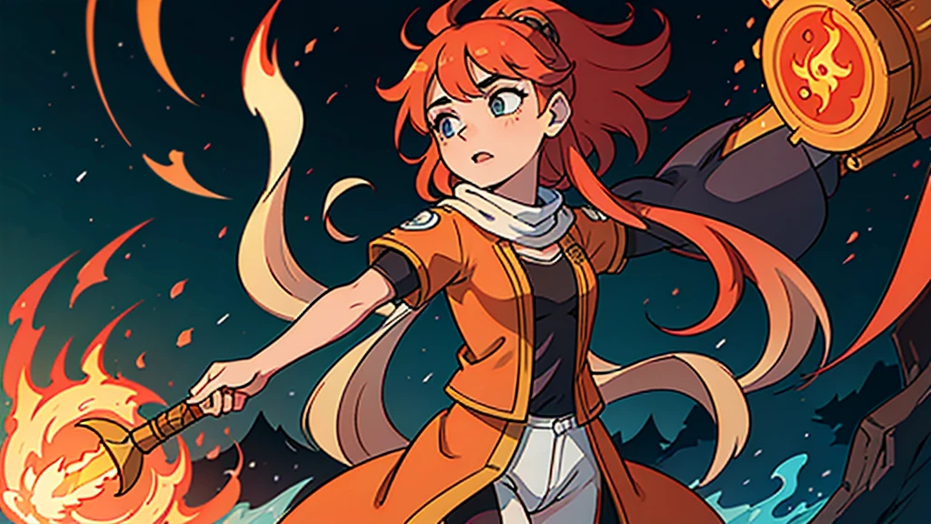masterpiece, ultra-detailed, best quality, illustration, 8k cg wallpaper, an extremely delicate and beautiful, 1girl, firefighter girl, solo, standing, perfect anatomy, dirty face, serious expression, open mouth, sparkling eyes, deep blue eyes, beautiful detailed eyes, red hair, long hair, bangs, sidelocks, messy hair, large fire helmet, cute earrings, cute necklace, slim body, large breasts, fireman uniform, fireman jacket, partially opened jacket, cleavage, perfect arms, fireman arm accessories, fireman belt, fireman pants, perfect legs, cute, pretty, beautiful, sexy, perfect body, (background: firetruck, burning building, smoke, night sky, moon, intricately detailed items in background), <lora:Okami_style:1>