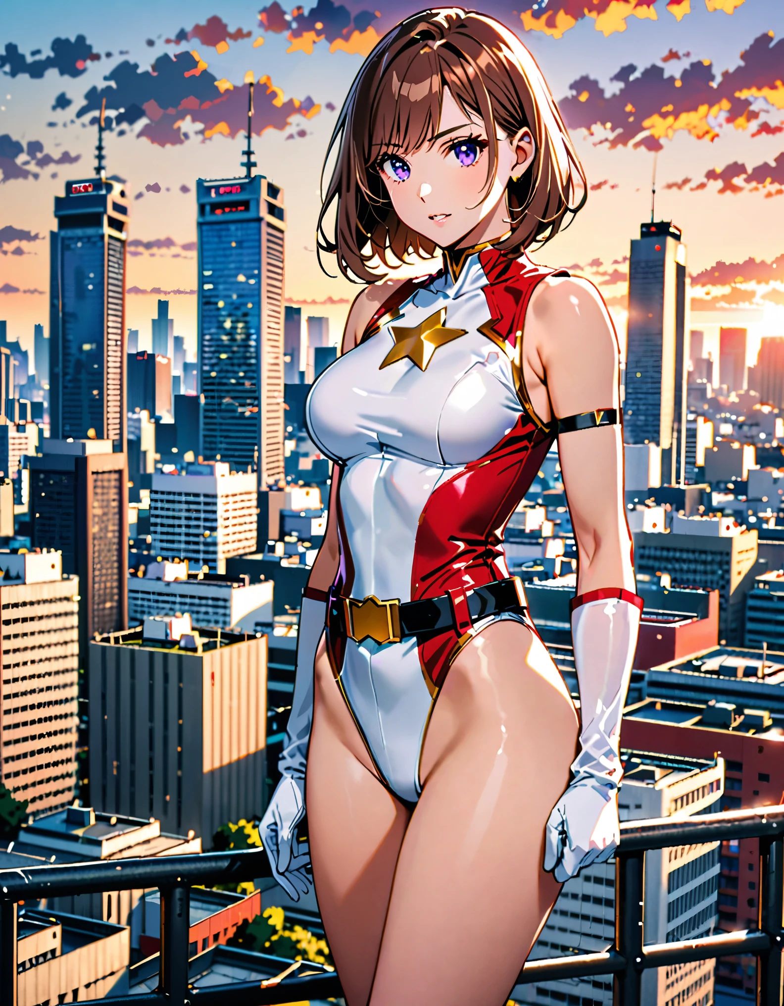 (masterpiece), (best quality), (high res), medium breasts, ((leotard, white and red leotard, matching leotard, sleeveless, bare legs)), ((tight belt, gold belt)), ((boots, matching boots, ankle-high boots, white boots)), ((gloves, white gloves)), city backdrop, tokyo city backdrop, solo, solo focus, standing, (full body), cowboy shot, superhero, ((beautiful detailed eyes)), ((gold star symbol on chest)), (brown hair, medium hair, bob hair, purple eyes), (perfect hands, perfect anatomy), cowboy shot, superhero, ((beautiful detailed eyes)), (full body costume design).