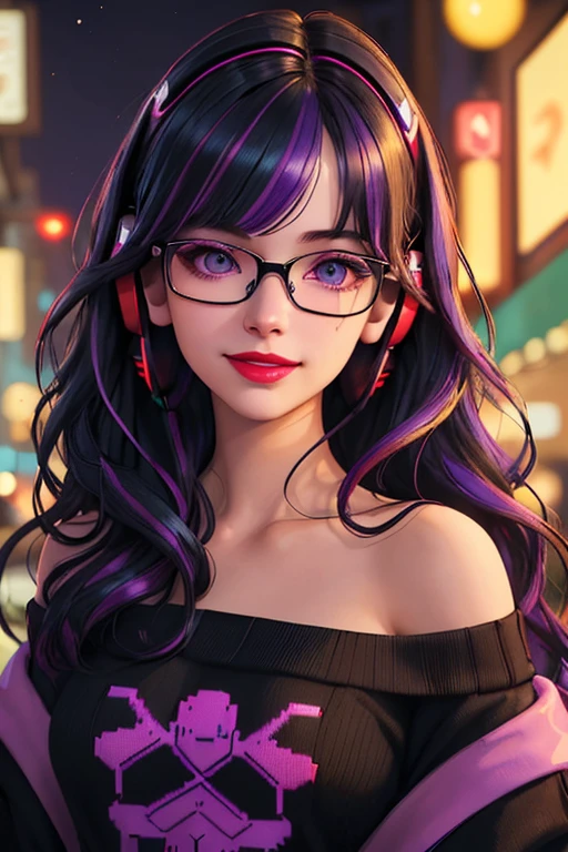 (best quality, masterpiece, perfect face, beautiful and aesthetic:1.2, colorful, dynamic angle, highest detailed face), 20 years old girl, medium, flirting on camera, 35mm, bokeh, 9:16, neon colorful city, colorful lights, (intricate details, hyperdetailed:1.15), (high contrast, official art, extreme detailed, highest detailed), perfect face, female, gamer girl, aqua eyes, wearing red lipstick, light smile, medium black wavy hair, wavy hair with purple highlights, wearing headphones, nerdy glasses, with black frames, bangs, she is wearing a white off-shoulder sweater, nighttime, alley way, 3/4 body view