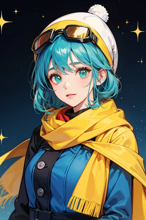 sHe resembles a penguin,. Her body is blue, and her   face area are white. sHe wears a green hat, yellow goggles with a red band, and a brown scarf. SPARKLE; GLITTER