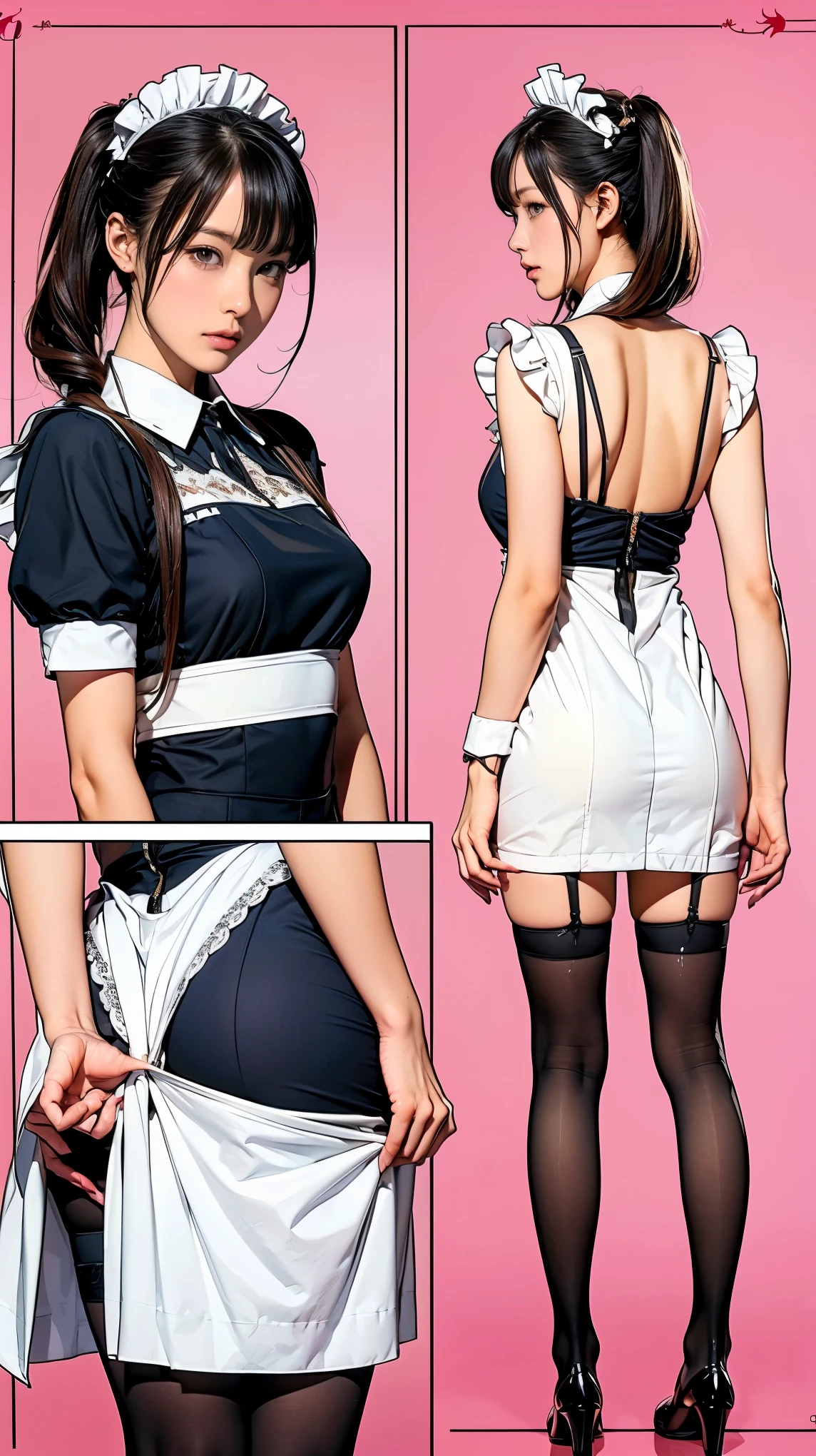 ((masterpiece)),(((highest quality))),((Reference Sheet, Character Design, front, return, ~ ~ ~ side, Mr...々Hairstyle, Mr...々performance, Facial Expressions)), , Cute type, (Very slim:1.4), (Very small ass:1.4), Realistic buttocks, Big Breasts, Short Bob, Thin thighs, Long legs, It's not a big deal, ((Dress and stockings, Gorgeous maid, Maid clothes,Hair Ribbon)), ((Browsing Caution:1.0))
