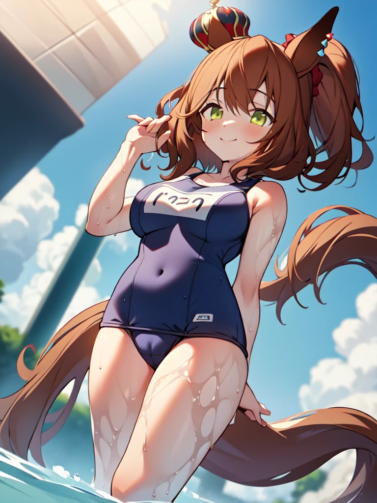 masterpiece, best quality, detailed, highly detailed, ultra detailed, extremely detailed CG, high resolution, 4K, 1girl, solo, aston machan \(umamusume\), horse tail, horse ears, big breasts, standing, from below, school swimsuits, wet, cameltoe,