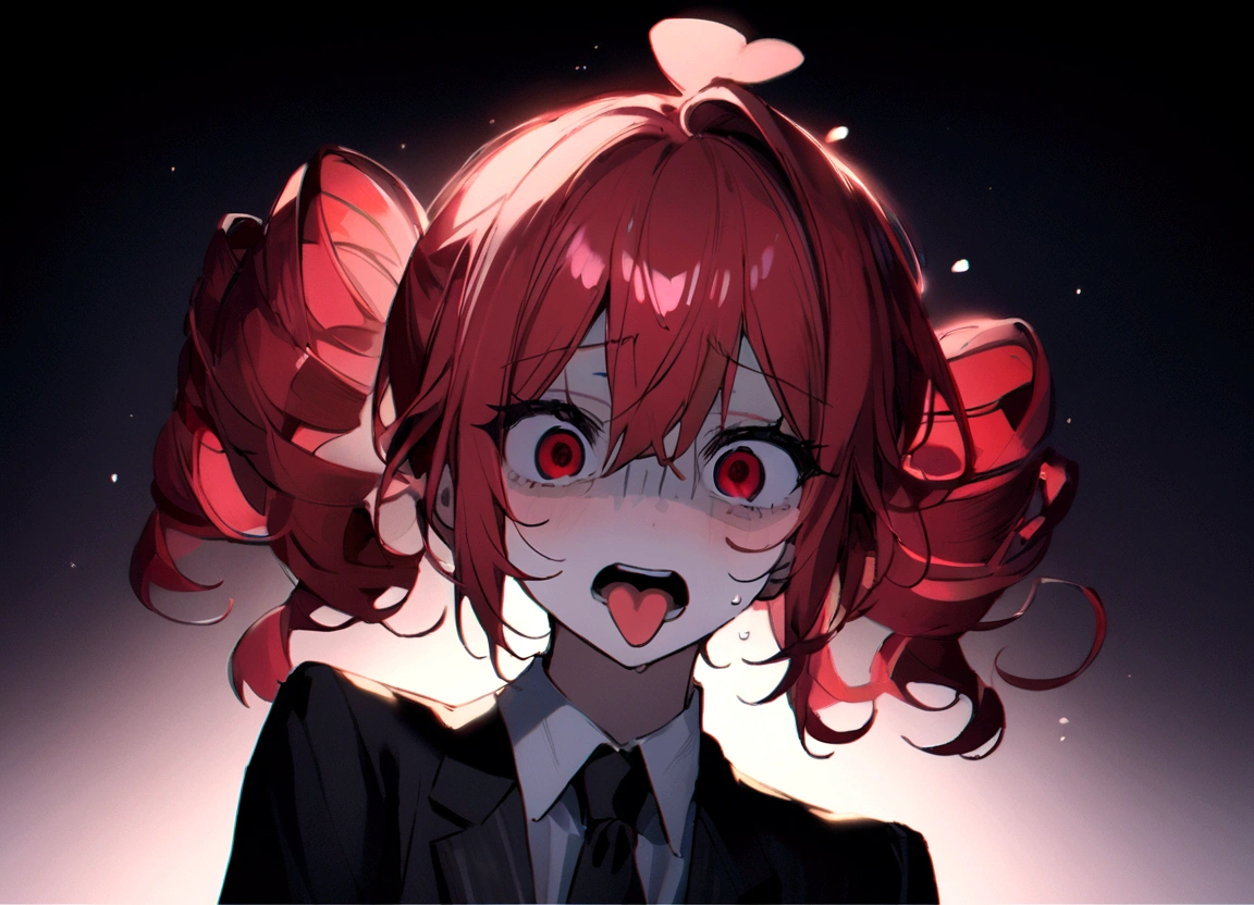 Red hair、Black Suit、Sticking out tongue、Expression of madness、scared