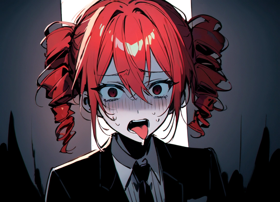 Red hair、Black Suit、Sticking out tongue、Expression of madness、scared