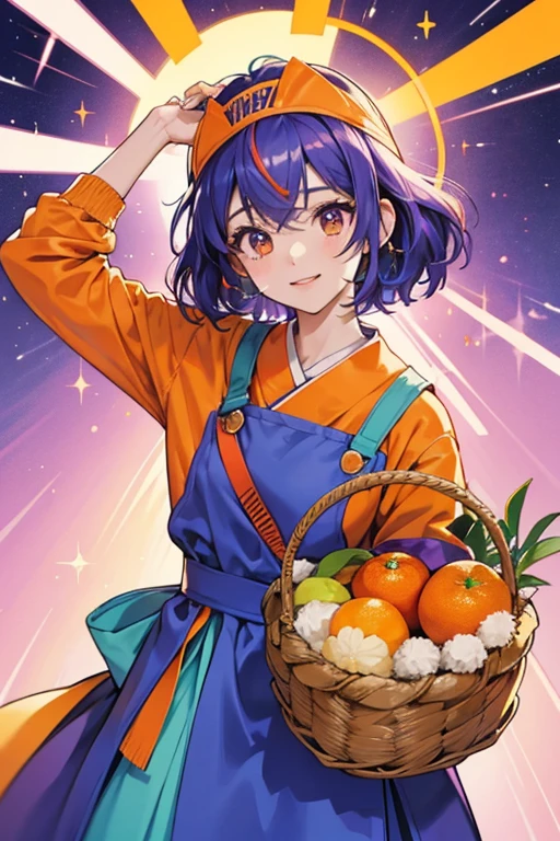 Sunvisor Obatchi wears a large sunvisor with an orange band that cover the entire front of her head. Her face also appears to be part of the sunvisor. She has purple fluffy hair that surrounds her head. She wears a long sleeve blue and orange shirt and carries a basket around.  SPARKLE; GLITTER