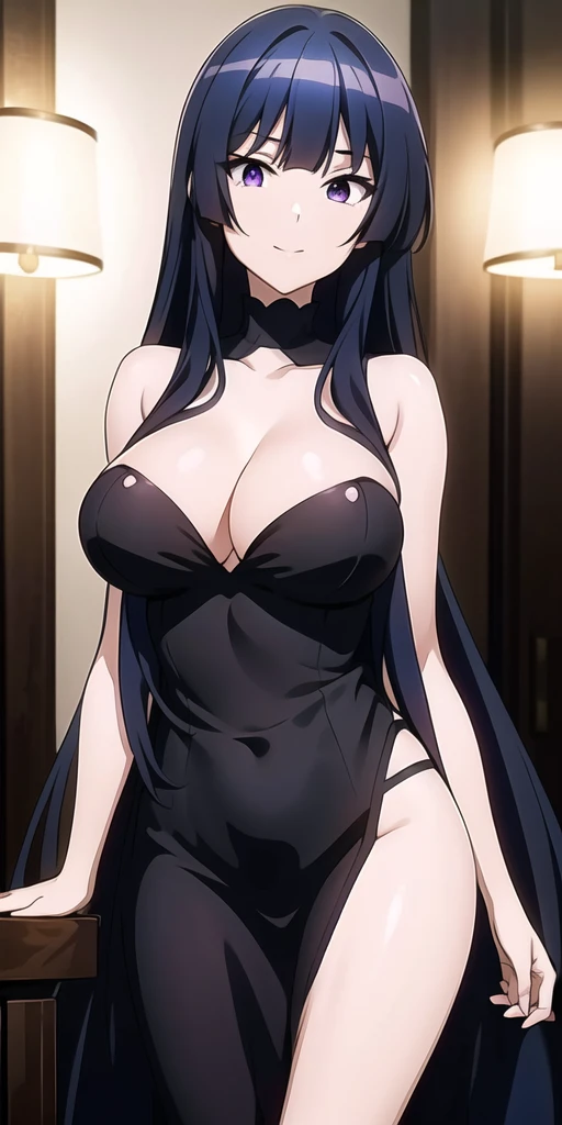 Simple White Background,
Black dress,cleavage, collarbone, bare shoulders,
Purple eyes, Purple hair,bangs,Long hair,
1 girl, 20yo,Young female,Beautiful long legs,Beautiful body,
Beautiful Nose,Beautiful character design, perfect eyes, perfect face,expressive eyes,perfect balance,
looking at viewer,(Focus on her face),closed mouth, (innocent_big_eyes:1.0),(Light_Smile:0.3),
official art,extremely detailed CG unity 8k wallpaper, perfect lighting,Colorful, Bright_Front_face_Lighting,White skin,
(masterpiece:1.0),(best_quality:1.0), ultra high res,4K,ultra-detailed,
photography, 8K, HDR, highres, absurdres:1.2, Kodak portra 400, film grain, blurry background, bokeh:1.2, lens flare, (vibrant_color:1.2),professional photograph,
(Beautiful,large_Breasts:1.4), (beautiful_face:1.5),(narrow_waist),