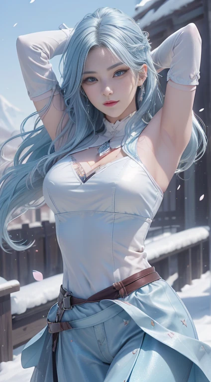 (logo、masterpiece、8k、table top、RAW photo、wonderful、最high quality、Photorealistic and hvery detailed CG integrated 8k wallpaper、high quality、very detailed、Narrative poem、particle effects、dynamic effects、written boundary depth、cinematic light、Lens flare、ray tracing)、fantasy、 (1 beautiful woman、light blue hair、beautiful face、real face、beautiful detailed eyes、beautiful skin、dancing woman:1.7、woman dancing gracefully:1.7)、Hair flutters in Wind、hair bouncey hair dances in the wind、hair jump、halter neck、leather pants、leather jacket、silver earrings、night、Wind、darkness、Snow and hoarfrost、very cold winter day、snow-capped mountainや森、hoarfrost、snow-capped mountain々、The beauty and brilliance of frost-covered trees、Serenity and beauty meadow of ice and snow world、vast land、Lakeside、Wonderful views、Beautiful natural wind scenery、Night Sky、Wind、cherry blossoms、cherry blossomsの花びらが舞っている、cherry blossoms snowstorm、falling petals, topless