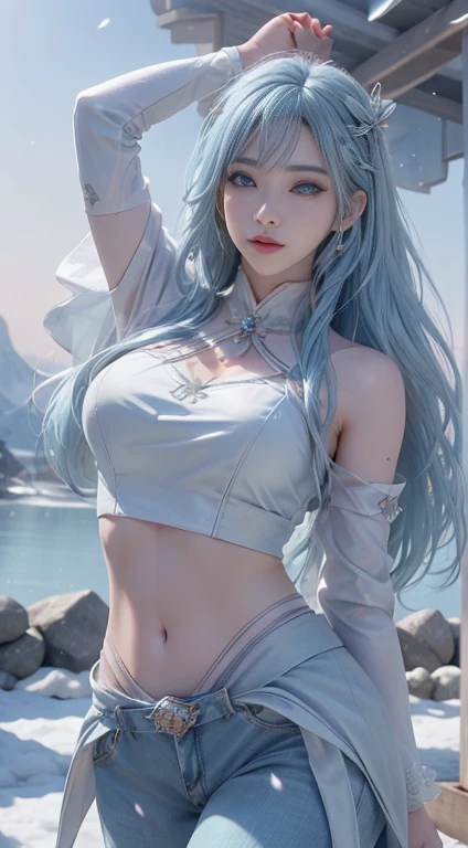 (logo、masterpiece、8k、table top、RAW photo、wonderful、最high quality、Photorealistic and hvery detailed CG integrated 8k wallpaper、high quality、very detailed、Narrative poem、particle effects、dynamic effects、written boundary depth、cinematic light、Lens flare、ray tracing)、fantasy、 (1 beautiful woman、light blue hair、beautiful face、real face、beautiful detailed eyes、beautiful skin、dancing woman:1.7、woman dancing gracefully:1.7)、Hair flutters in Wind、hair bouncey hair dances in the wind、hair jump、halter neck、leather pants、leather jacket、silver earrings、night、Wind、darkness、Snow and hoarfrost、very cold winter day、snow-capped mountainや森、hoarfrost、snow-capped mountain々、The beauty and brilliance of frost-covered trees、Serenity and beauty meadow of ice and snow world、vast land、Lakeside、Wonderful views、Beautiful natural wind scenery、Night Sky、Wind、cherry blossoms、cherry blossomsの花びらが舞っている、cherry blossoms snowstorm、falling petals, topless