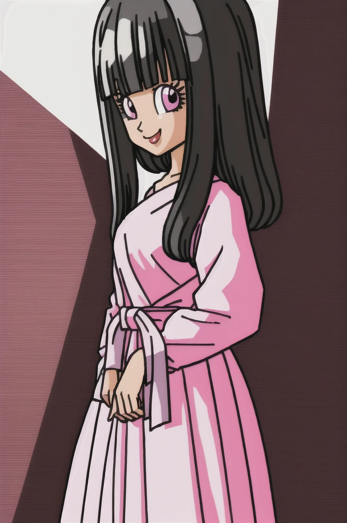 akira toriyama style,1girl, mature lady, ((solo:1.4)), modern clothes, long black hair, pink eyes, anime coloring, innocent smile, ((masterpiece)) 