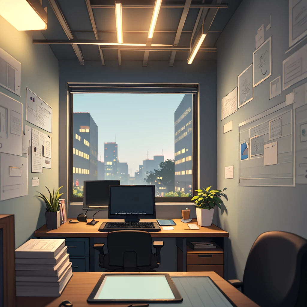 gentle, anime background art, clean lines, intricate details, serene, empty, high quality, raytracing video game, large room, neat, organized, clean, bare, empty, multiple traditional drawing tablets on desk, view from window, office chair, calm, cozy, vintage feel, simple, soft textures, interior wallpaper, blurry foreground, night time background with street lights, large office space