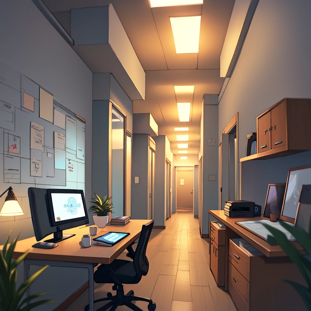 gentle, anime background art, clean lines, intricate details, serene, empty, high quality, raytracing video game, large room, neat, organized, clean, bare, empty, multiple traditional drawing tablets on desk, view from window, office chair, calm, cozy, vintage feel, simple, soft textures, interior wallpaper, blurry foreground, night time background with street lights, large office space