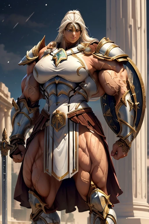 ((((Massive, tall, beautiful, buff, muscular brown skinned female spartan with white hair, ginormous bulky muscles, holding a sword and shield and wearing an all white gleaming spartan armor and pleated skirt)))), (close view), black eyeliner, massive muscles, massive biceps, hyper muscle triceps, (long straight hair), blue eyes, spartan boots, In a Roman city, steel spartan armor, armor breastplate, nighttime, confident smile, (hyper muscles arms), hyper muscle legs, (ginormous arms))