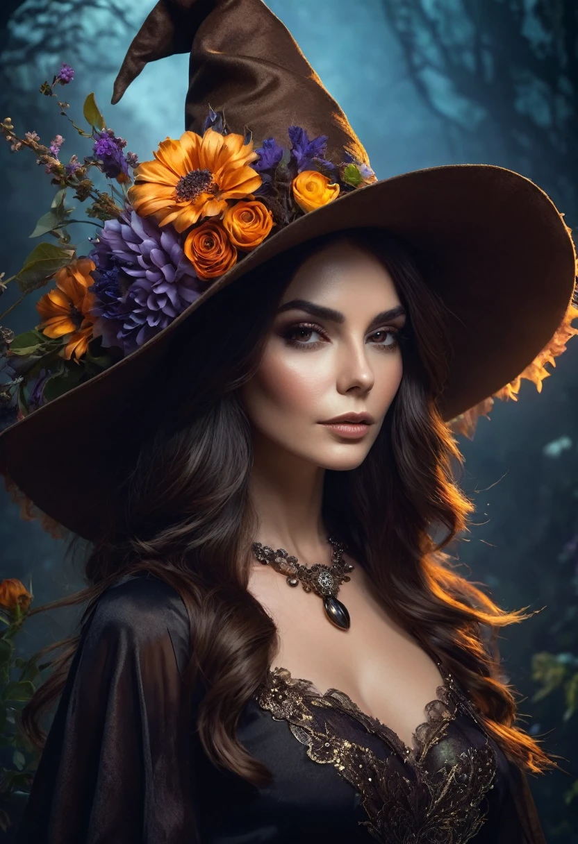 a beautiful woman brown hair queen WITCH  WITH A hat and amazing flowers the Style-RustMagic, Aum, (atmosfera escura:1.2), (Mist & smoke), (noite escura:1.3), Cicatrizes, (shaggy medium length dark hair:1.1), (sombra:1.1), (brilho lindamente detalhado:1.2), (cinematic lighting), detalhe intrincado, high resolution,