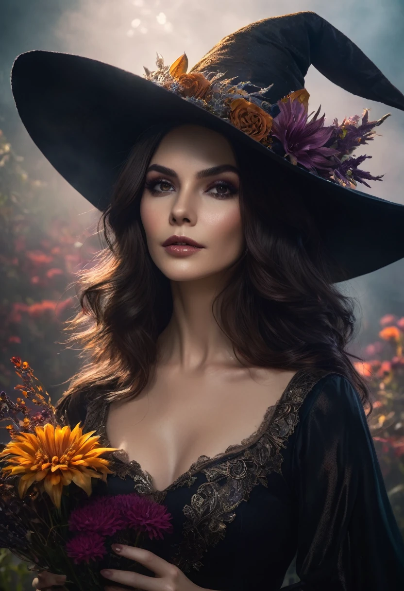 a beautiful woman brown hair queen WITCH WITH A hat and amazing flowers the Style-RustMagic, Aum, (atmosfera escura:1.2), (Mist & smoke), (noite escura:1.3), Cicatrizes, (shaggy medium length dark hair:1.1), (sombra:1.1), (brilho lindamente detalhado:1.2), (cinematic lighting), detalhe intrincado, high resolution,