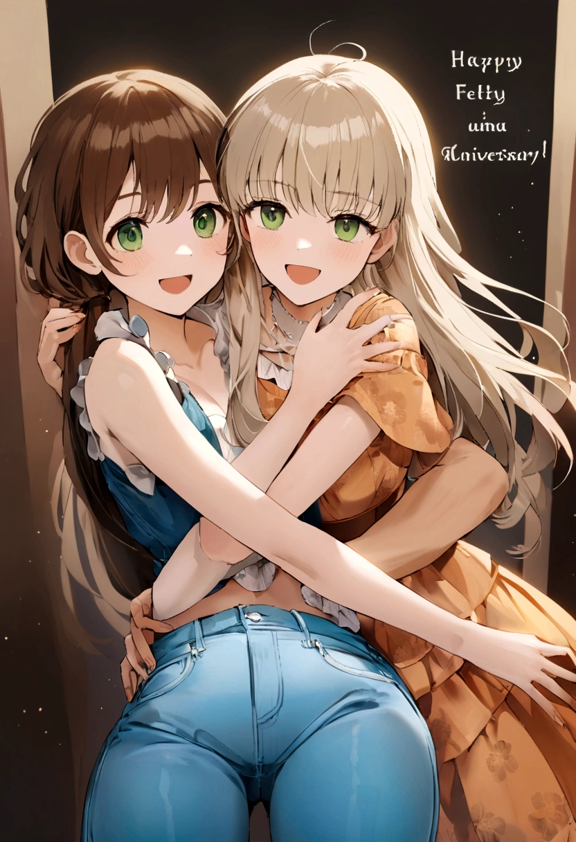 Monkey hugging a teenage girl with straight brown hair and light green eyes, a  esta usando uma camisa xadrez e calca jeans azul clara, em cima de tudo coloque a frase feliz aniversario 