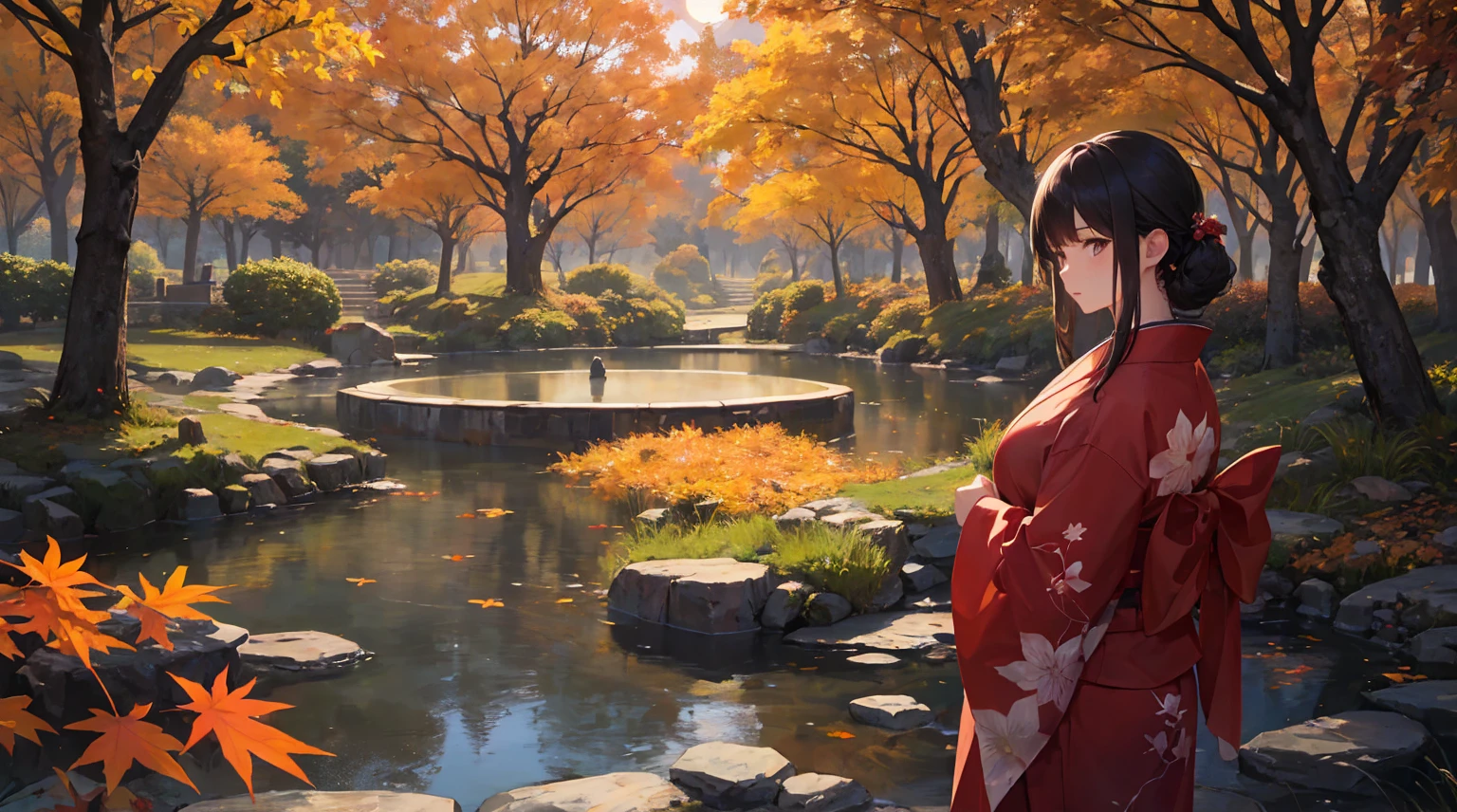 "It depicts an enchanting evening scene depicting a tranquil pond bathed in the hues of fiery autumn foliage.。. The composition is、The maple leaf and the prominent features of the nearby majestic maple tree should be highlighted.。. In the foreground, A Japanese woman in her 40s is standing gracefully, Dressed in a bright red kimono. The kimono accentuates her elegance., Her beauty shines in the moonlight. She has a timeless charm, Capturing the Essence of the Season. A woman looks at a sparkling pond, Autumn leaves reflected on the water surface. Her expression is one of calm contemplation., Immerse yourself in the quiet beauty of the night. A magnificent maple tree is depicted in the background., Branches decorated with shiny leaves that seem to catch the moonlight.. The pond reflects a fantastic scene, Enhance the charm of the moment. The overall configuration is、It should exude a sense of serenity and reverence for natural beauty.。. In this enchanting autumn landscape、Let the enchanting beauty of the woman and the brilliance of the autumn leaves take center stage.。."