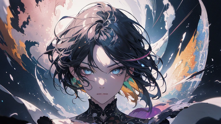 Capturing the spirit of the wind with liquid ink in a whirlwind of pointillism, Traversing a spectrum of multiple random colors, 4K Concept Art, Extremely detailed, complicated, Glittering canvas, motion, dynamic, Sharp and glossy focus, create a perfect female face with complicated detail, Brilliant, highest quality, masterpiece