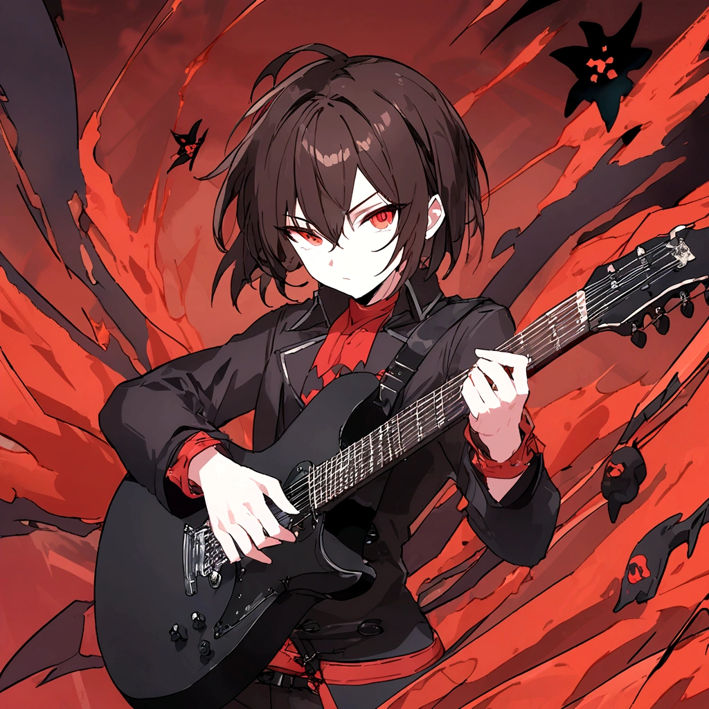 a black-haired anime man, extremely detailed portrait, cinematic lighting, dramatic dynamic pose, 8k resolution, stunning masterpiece, black background, black electric guitar in hand, anime, anime style, best quality, 4k, 8k, highres, masterpiece:1.2, ultra-detailed, vivid colors, sharp focus, physically-based rendering, extreme detail description, professional, dynamic 