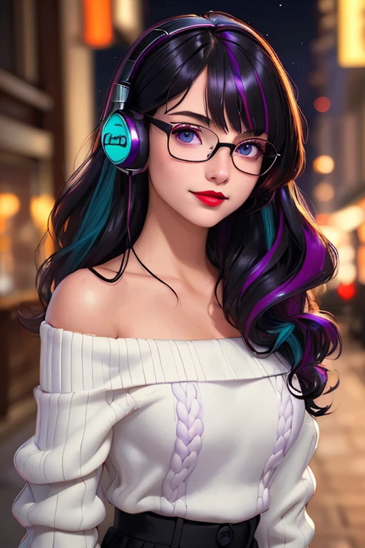 (best quality, masterpiece, perfect face, beautiful and aesthetic:1.2, colorful, dynamic angle, highest detailed face), 20 years old girl, medium, flirting on camera, 35mm, bokeh, 9:16, neon colorful city, colorful lights, (intricate details, hyperdetailed:1.15), (high contrast, official art, extreme detailed, highest detailed), perfect face, female, aqua eyes, wearing red lipstick, light smile, medium black wavy hair, wavy hair with purple highlights, wearing headphones, nerdy glasses, with black frames, bangs, she is wearing a white off-shoulder sweater, nighttime, alley way, 3/4 body view