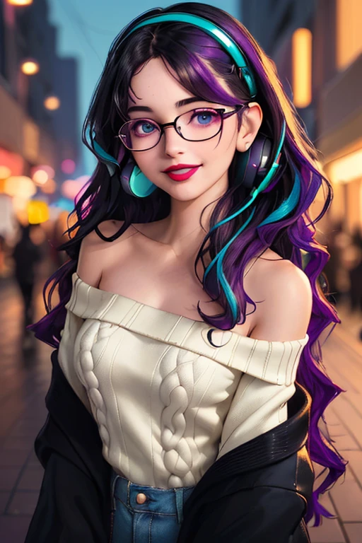 (best quality, masterpiece, perfect face, beautiful and aesthetic:1.2, colorful, dynamic angle, highest detailed face), 20 years old girl, medium, flirting on camera, 35mm, bokeh, 9:16, neon colorful city, colorful lights, (intricate details, hyperdetailed:1.15), (high contrast, official art, extreme detailed, highest detailed), perfect face, female, aqua eyes, wearing red lipstick, light smile, medium black wavy hair, wavy hair with purple highlights, wearing headphones, nerdy glasses, with black frames, bangs, she is wearing a white off-shoulder sweater, nighttime, alley way, 3/4 body view